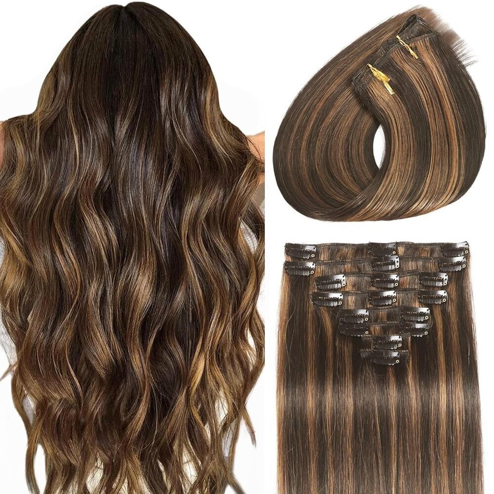 Clip In Hair Extensions Human Hair 16in Dark Brown to Chestnut Blonde